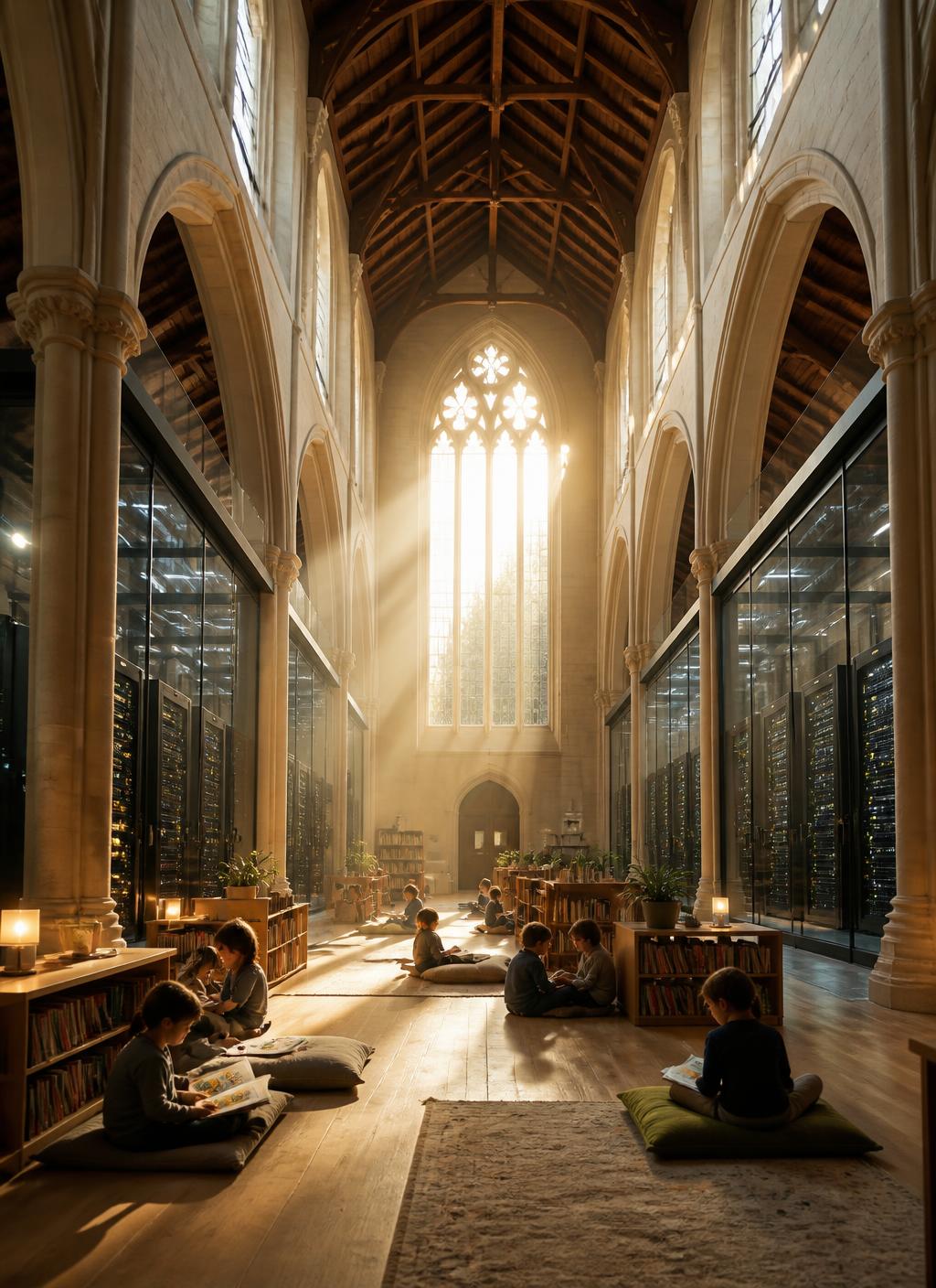 Children reading on floor cushions in a cathedral-like data hall with server racks behind glass